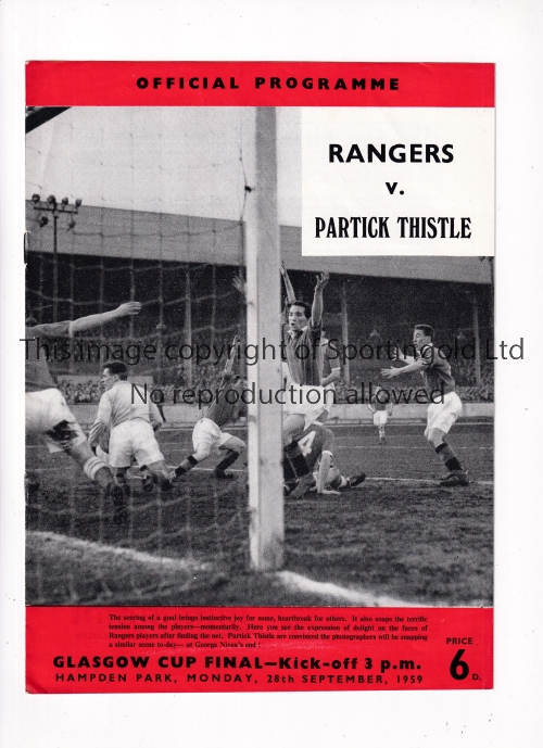 1959 GLASGOW CUP FINAL Programme for Rangers v Partick Thistle at Hampden Park 28/9/1959. Very good