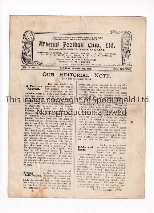 ARSENAL Programme for the home League match v Derby County 30/10/1920, horizontal crease and very