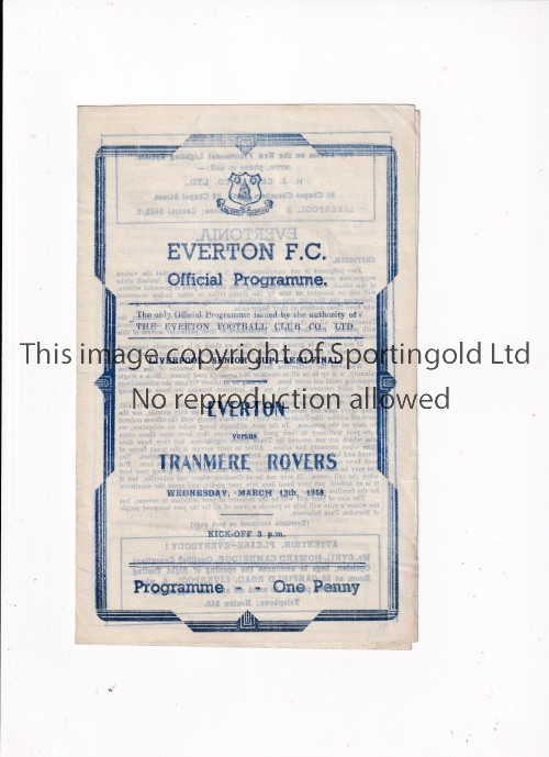 EVERTON V TRANMERE ROVERS 1946 Programme for the Liverpool Senior Cup S-F at Everton 13/3/1946, very