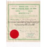 CARDIFF CITY Share certificate for 52 shares 13/12/1945, signed by 2 Directors and the Secretary.