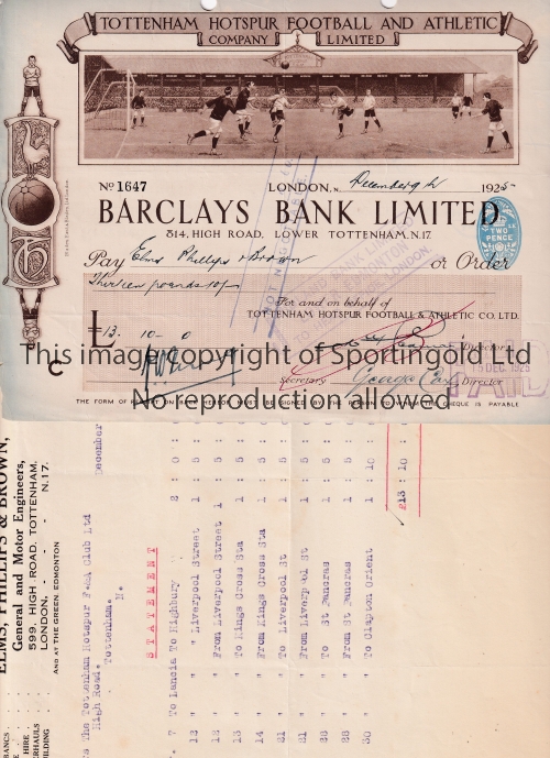 TOTTENHAM HOTSPUR An official large cheque 9/12/1925 with a scene from White Hart Lane at the top