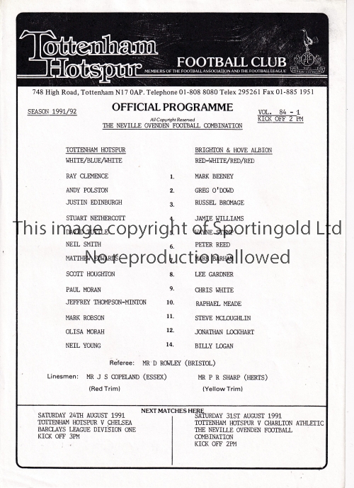 TOTTENHAM HOTSPUR Twenty seven home Reserve and Youth team programmes for 1991/2 season including 20