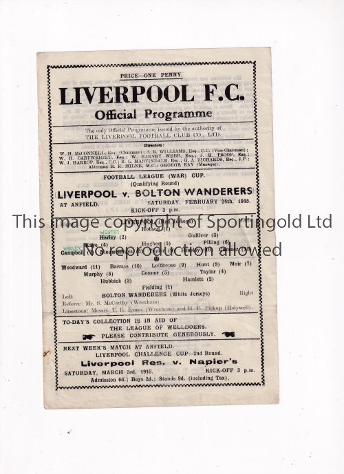 LIVERPOOL Single sheet home programme for the FL War Cup tie v Bolton Wanderers 24/2/1945,