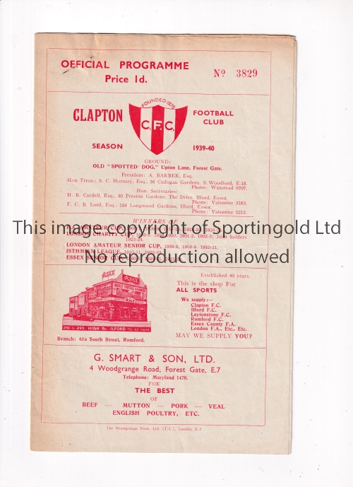 AT CLAPTON FC: ILFORD V WALTHAMSTOW AVENUE 1939 Programme for the South Essex Football Combination