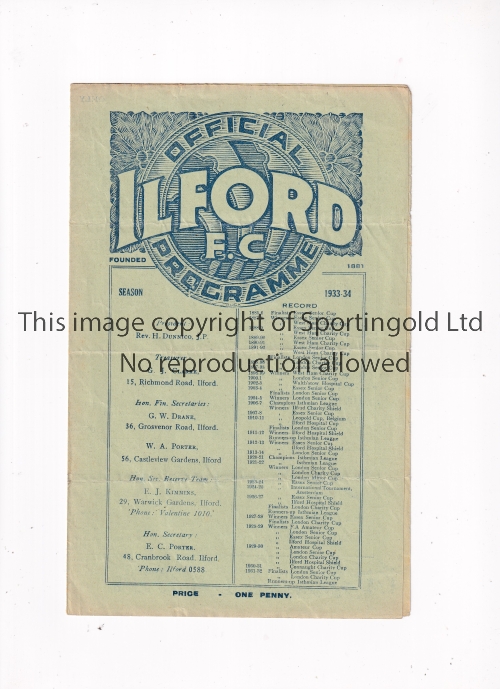 NEUTRAL AT ILFORD 1933 Programme for Isthmian League v Athenian League 2/12/1933, horizontal