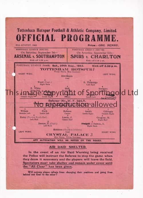 TOTTENHAM HOTSPUR Single sheet home programme for the FLS match v Crystal Palace 29/8/1942, 2