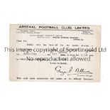 ARSENAL V CHELSEA 1947 Official postcard for confirmation of the Linesman for match on 1/3/1947.