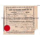 CARDIFF CITY Original share certificate with seal issued for 200 shares on 15/8/1932 signed by 2