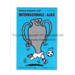 1972 EUROPEAN CUP FINAL Inter Milan v Ajax programme for the final at Rotterdam dated 31/5/72 Good