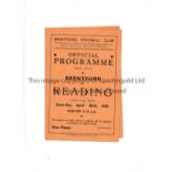 BRENTFORD V READING 1945 Programme for the FL South match at Brentford 28/4/1945. Generally good