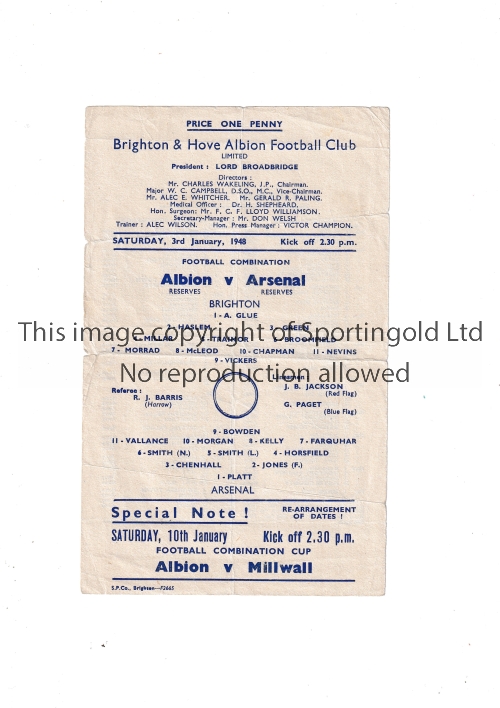 BRIGHTON RESERVES V ARSENAL RESERVES Single sheet for the game at The Goldstone Ground, dated 3/1/