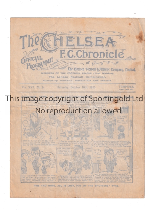 CHELSEA V TOTTENHAM HOTSPUR 1920 Programme for the League match at Chelsea 16/10/1920, slightly