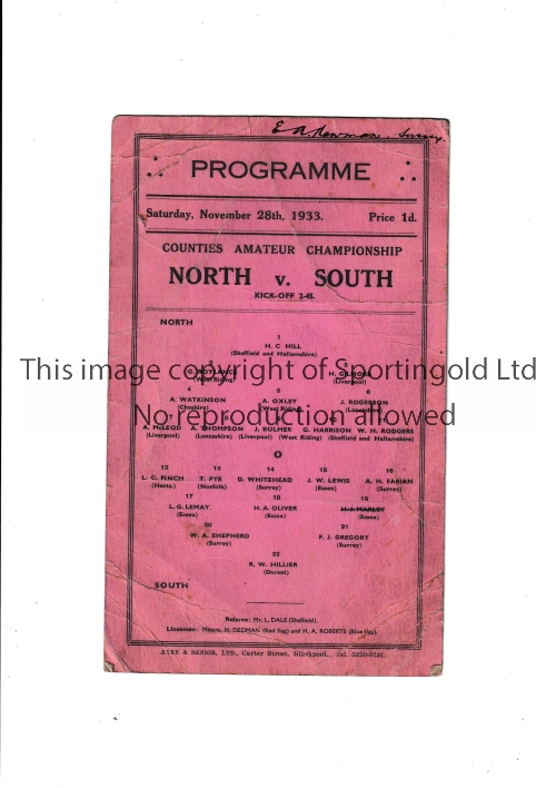 NORTH V SOUTH AT BLACKPOOL 1933 A single card for the Amateur counties match at Bloomfield Road