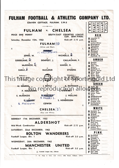 CHELSEA Single sheet programme for the away SECLC S-F v Fulham 15/12/1962, slightly creased, team