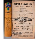 WEST INDIES CRICKET Score card for the 1950 Tour match v Leicestershire 12-14/7/1950 slightly