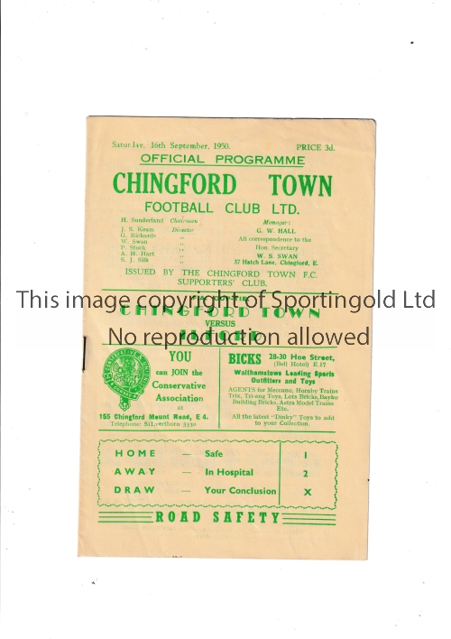 CHINGFORD TOWN V ILFORD 1950 FA CUP Programme for the FA Cup tie at Chingford 16/9/1950. Very good