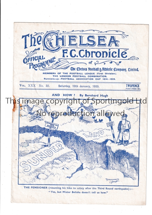 CHELSEA Programme for the home League match v Sunderland 19/1/1935, staple rusted away, team changes
