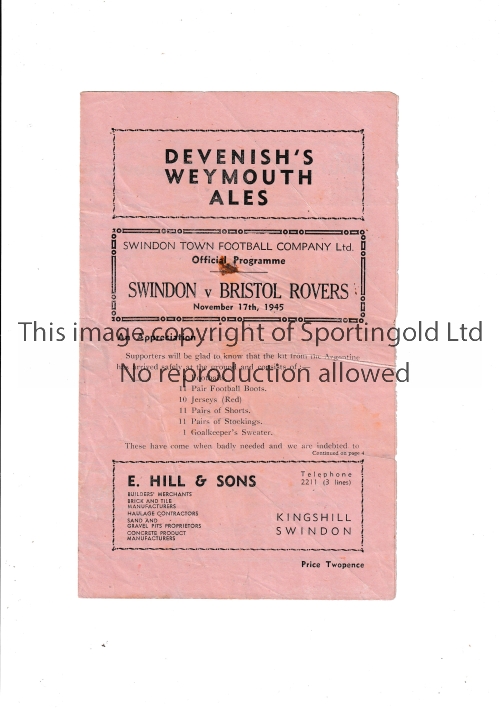 1945/6 FA CUP / SWINDON TOWN V BRISTOL ROVERS Programme for the tie at Swindon 17/11/1945,
