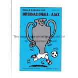 1972 EUROPEAN CUP FINAL Programme for Inter Milan v Ajax in Rotterdam. Very good