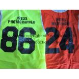 ARSENAL Two Press jackets / bibs that were worn at Arsenal for a Messenger and Photographer. No