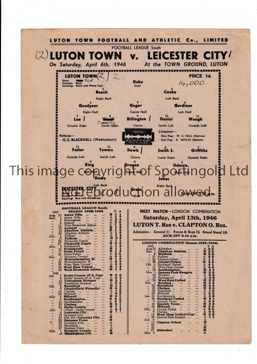 LUTON TOWN V LEICESTER CITY 1946 Single sheet programme for the FL South match at Luton 6/4/1946,