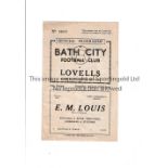 BATH CITY V LOVELLS 1944 Programme for match at Bath 26/8/1944. Generally good