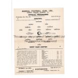 ARSENAL Single sheet programme for the home Football Combination Cup match v West Ham United
