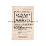 BATH CITY V CARDIFF CITY 1942 Single sheet programme for the match at Bath 29/8/1942. Programme