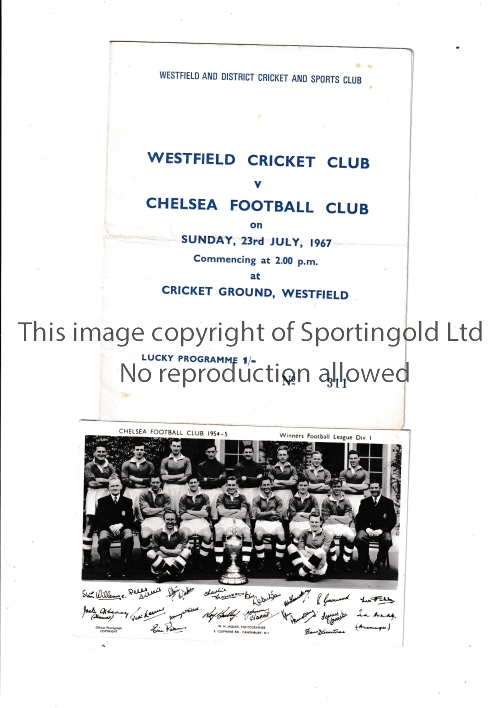 CHELSEA Original postcard of a team group of the Championship team 1954/5 with printed signatures