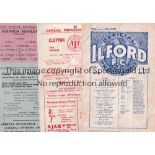 ILFORD FC Seven programmes including 2 homes v Kingstonian London Cup, punched holes and team