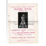 SCHOOLS FINAL AT LIVERPOOL FC 1954 Programme for Liverpool Boys v Southampton Boys 12/5/1954 at