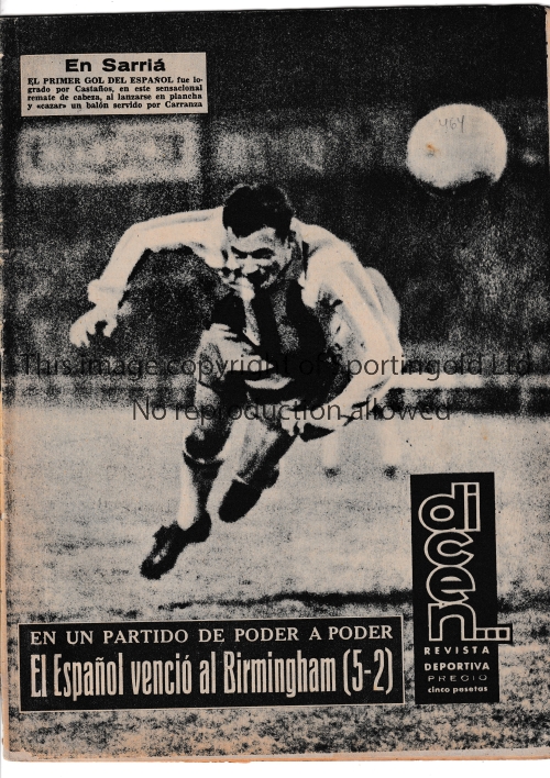 1961/62 FAIRS CUP Espanyol v Birmingham City played 15/11/1961 at Estadio Sarria, Barcelona. The