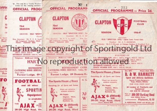 CLAPTON V ILFORD Four programmes for matches at Clapton 46/7 punched holes, 49/50, 50/1 Lge and