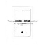 ARSENAL Programme for the away Friendly v Racing Paris 1/11/1948. Very good