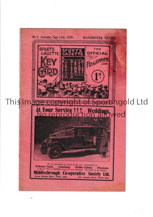 MANCHESTER UNITED Programme for the away League match v Middlesbrough 14/9/1929, professional repair