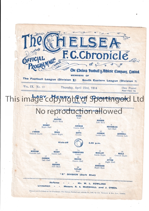 NEUTRAL AT CHELSEA 1914 Single sheet programme for the Lady Henry Cup Final, X Division v R Division