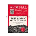 NEUTRAL AT ARSENAL Programme for British Olympic XI v England "B" Trial XI 30/4/1952. Very good