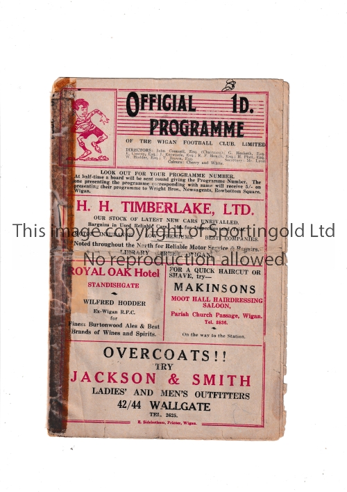 RUGBY LEAGUE 1937/8 WIGAN V SALFORD Programme for the game at Wigan dated 30/3/38. Sellotaped spine,