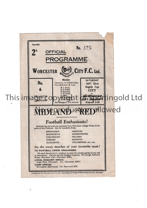 1945/6 FA CUP / WORCESTER CITY V BIRMINGHAM CITY TRANSPORT Programme for the FA Cup tie at Worcester