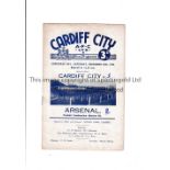 ARSENAL Programme for the away Football Combination Cup match v Cardiff City 25/12/1948, score on