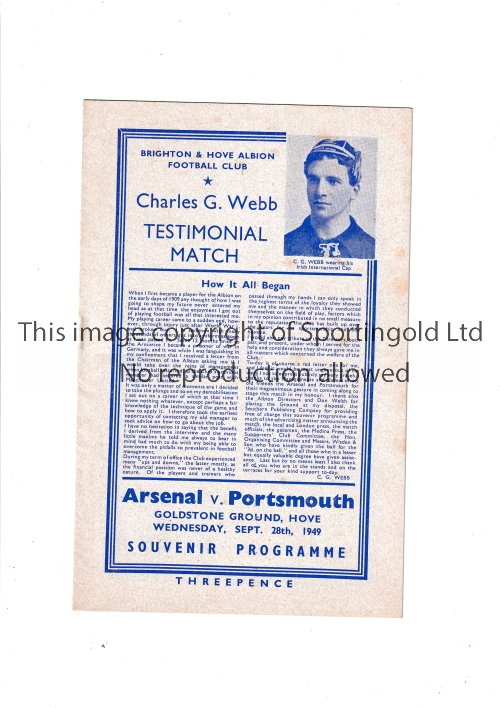 ARSENAL Programme for the Testimonial v Portsmouth at Brighton & Hove Albion FC 28/9/1949, scores