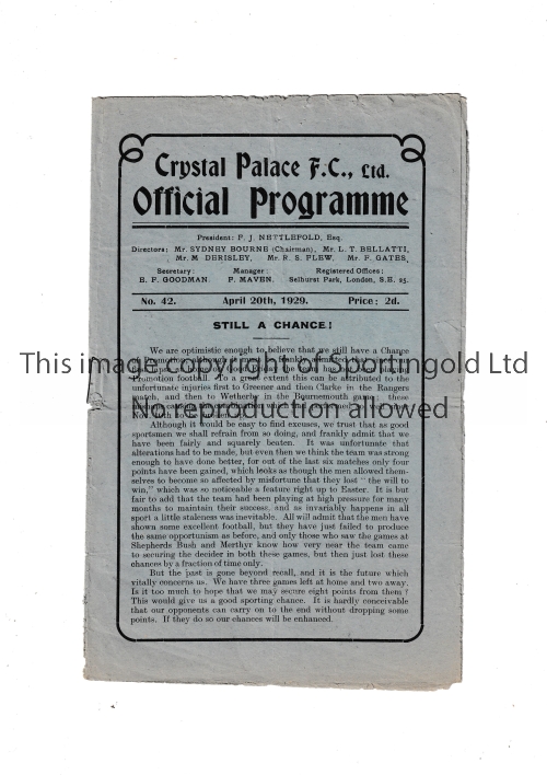 CRYSTAL PALACE V SOUTHEND UNITED 1929 Programme for the game at Palace dated 20/4/29. Tears near