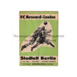 ARSENAL Programme for the away Friendly v Berlin XI 4/5/1962, slight vertical crease and minor wear.