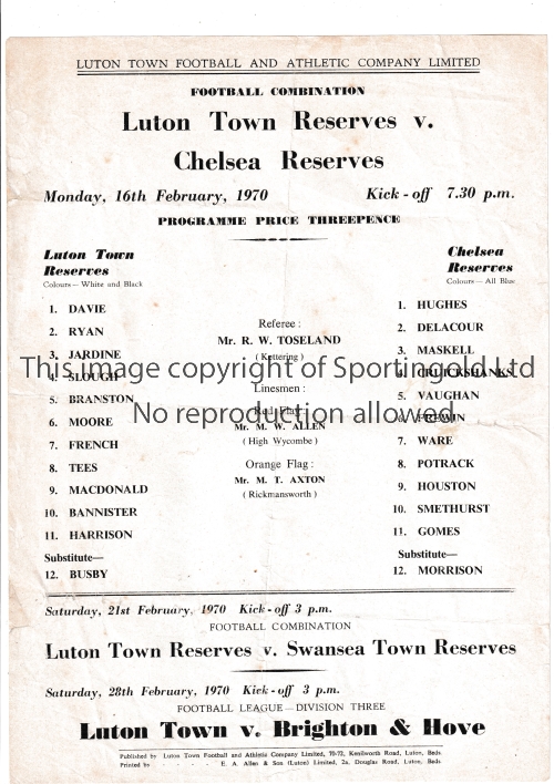 CHELSEA Single sheet programme for the away Football combination match v Luton Town 6/2/1970,