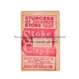 MANCHESTER UNITED Programme for the away League match v Stoke City 21/1/1950, very slight horizontal