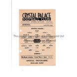 ARSENAL Single sheet programme for the away London War League match v Crystal Palace 9/5/1942,