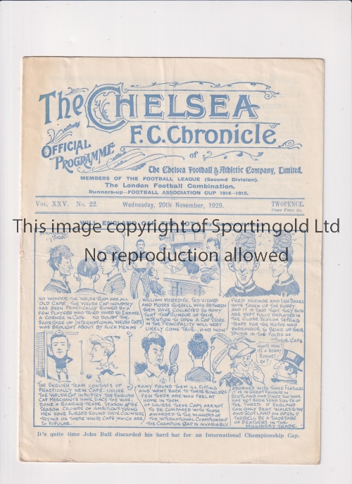 ENGLAND V WALES AT CHELSEA 1929 Programme for the International on 20/11/1929, horizontal fold.