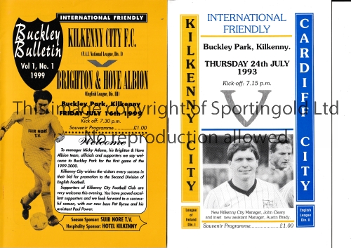 KILKENNY CITY F.C. Two home programmes for Friendlies v Brighton & Hove Albion 99/00 and Cardiff
