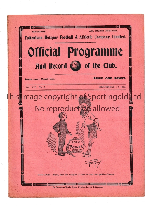 TOTTENHAM HOTSPUR Programme for the home London F.A. Cup tie v Millwall 22/9/1919. Good