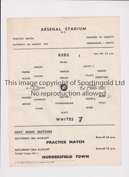 ARSENAL Single sheet programme for the Public Practice match 8/8/1953, horizontal fold and scores